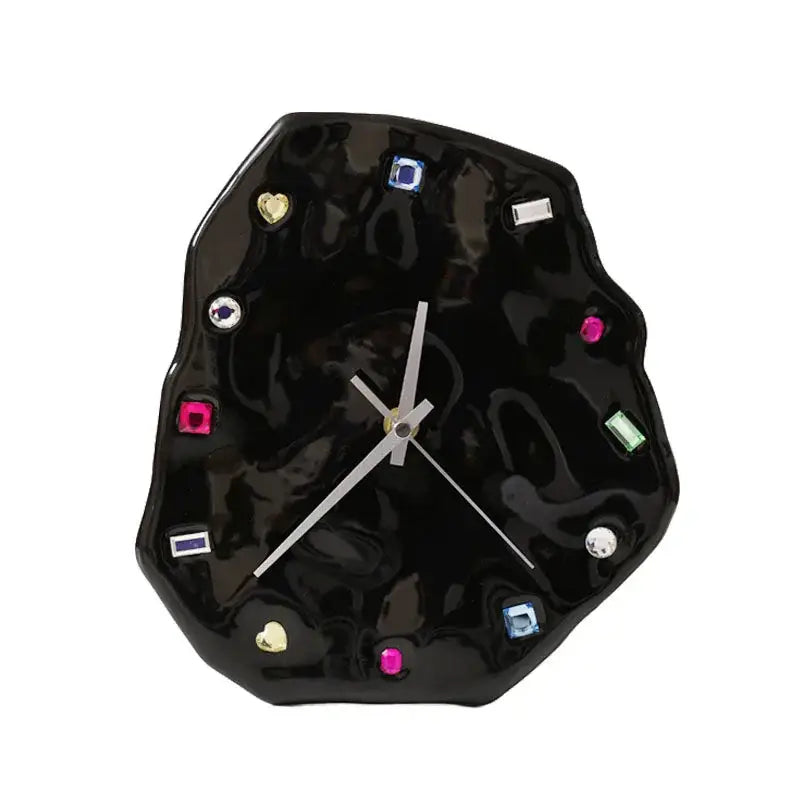 Black glossy irregular wall clock with colorful gemstone markers for decorbites crystal geometric wall decor