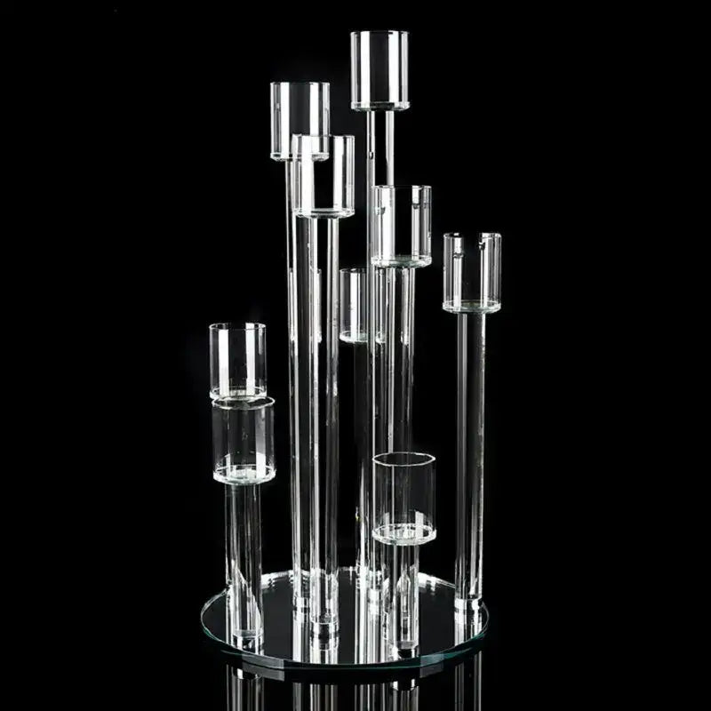 Clear acrylic candle holders with multiple cylindrical holders on a mirrored base for decorbites crystal glass dining room decor