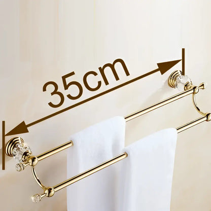 Gold-colored crystal double towel bar with 35cm length and elegant accents for bathroom use