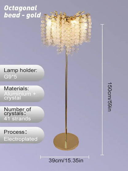 Gold electroplated floor lamp with an octagonal bead design and cascading crystal strands for decorbites crystal gold led decor