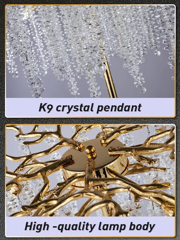 Golden branch-style decorbites crystal gold led floor lamp body with cascading k9 crystal pendants for living room decor