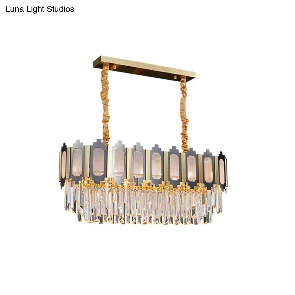 Gold-toned clear crystal island pendant with frosted glass panels for dining room 10-light 110v-120v 220v-240v DecorBites