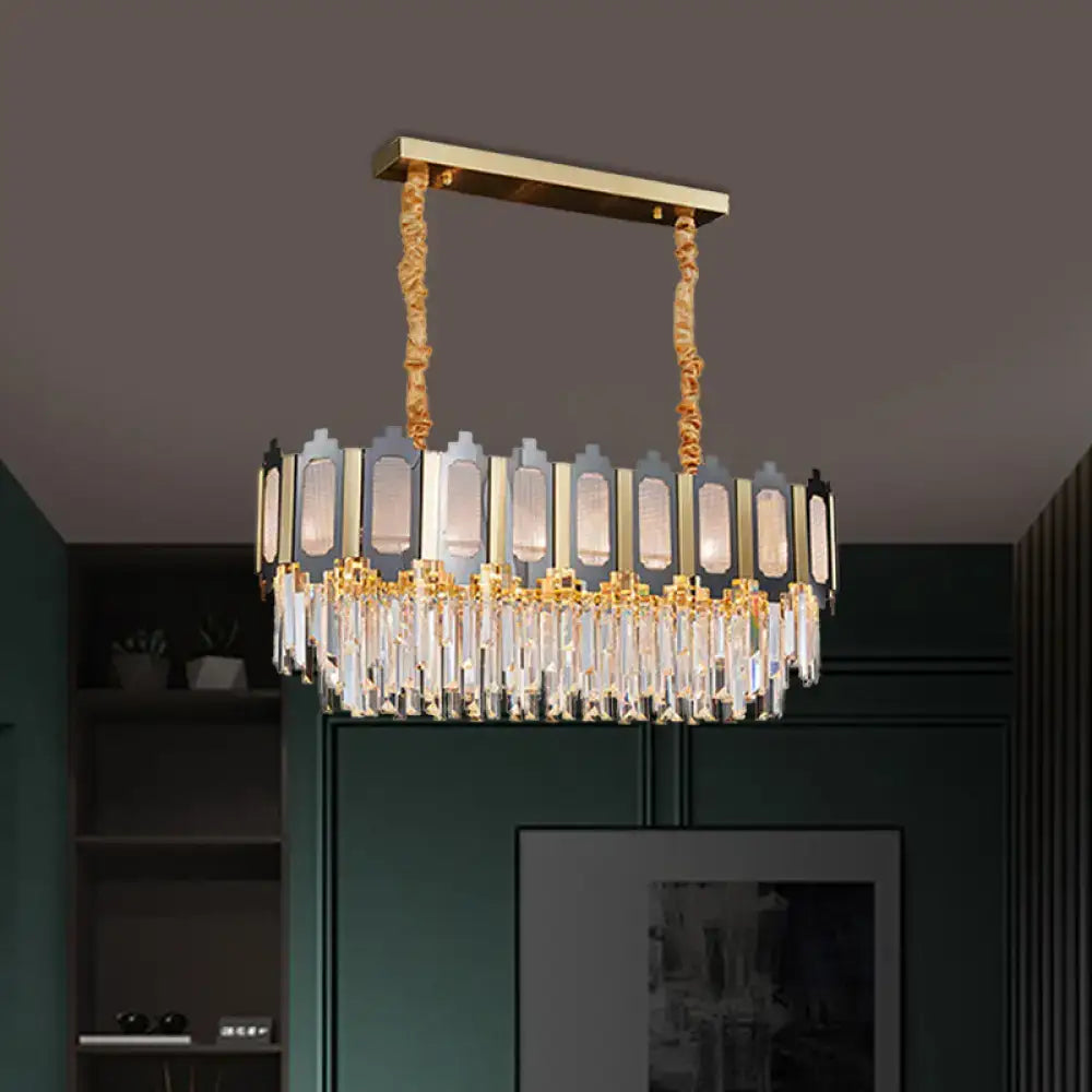 Gold-toned rectangular DecorBites 10-light clear crystal island pendant with crystal droplets for dining room 110v-120v 220v-240v