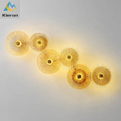 Golden circular wall lamps with woven radial design decorbites crystal led wall sconce for living room decor