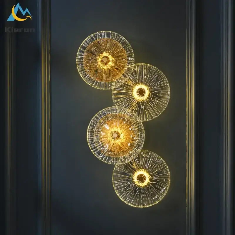 Golden circular glass crystal led wall lamp with intricate radial patterns and warm glowing lights for living room decorbites crystal led decor