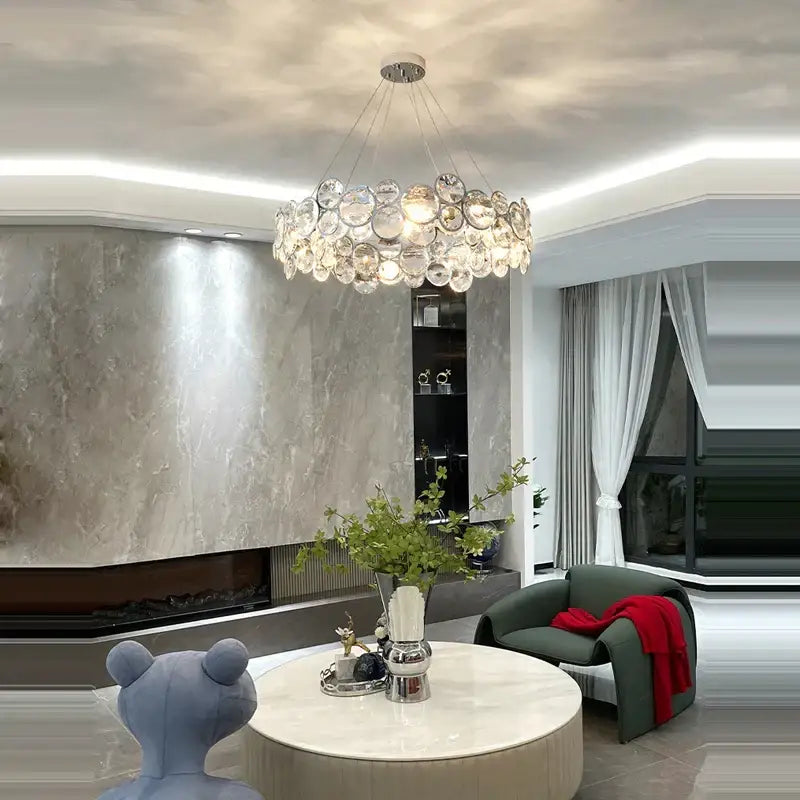 A modern pendant light with clear bubble glass orbs in a crystal magic ring design for dining room decorbites crystal magic