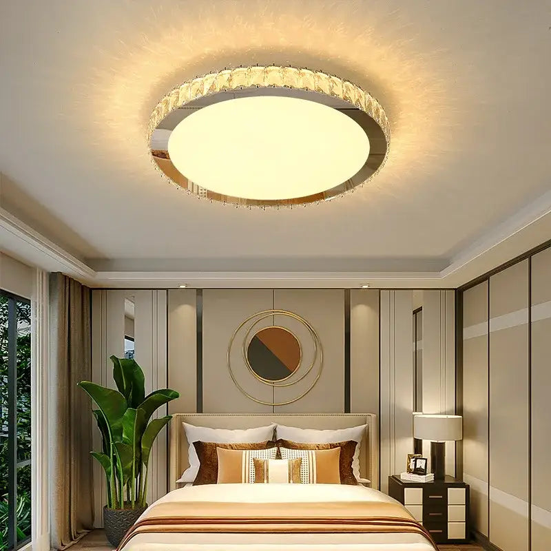 Crystal round ceiling lamp with frosted glass and clear crystal embellishments for warm living room lighting decorbites ceiling lamp