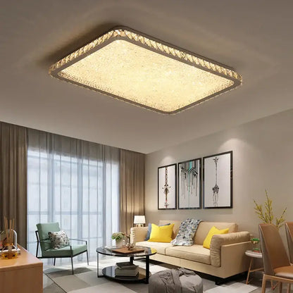 Rectangular ceiling lamp with warm glowing textured center and ornate crystal round ceiling frame for living room decorbites crystal round