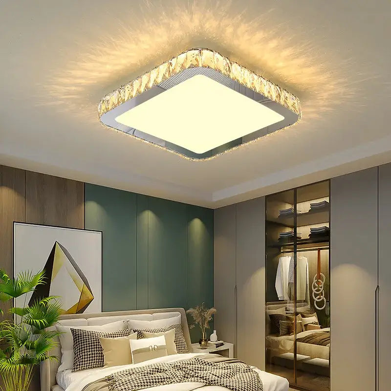 Modern square ceiling lamp with illuminated panel and chrome frame featuring decorbites crystal round embellishments