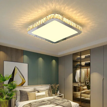 Modern square ceiling lamp with illuminated panel and chrome frame featuring decorbites crystal round embellishments