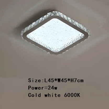 Square-shaped crystal round ceiling lamp with frosted glass center and sparkling border emitting cold white 6000k light