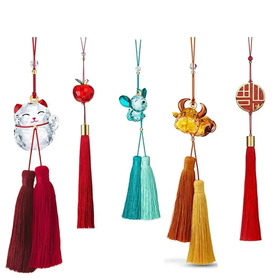 Crystal cat-shaped hanging ornament with red and maroon tassels for home decor by decorbites crystal animal hanging