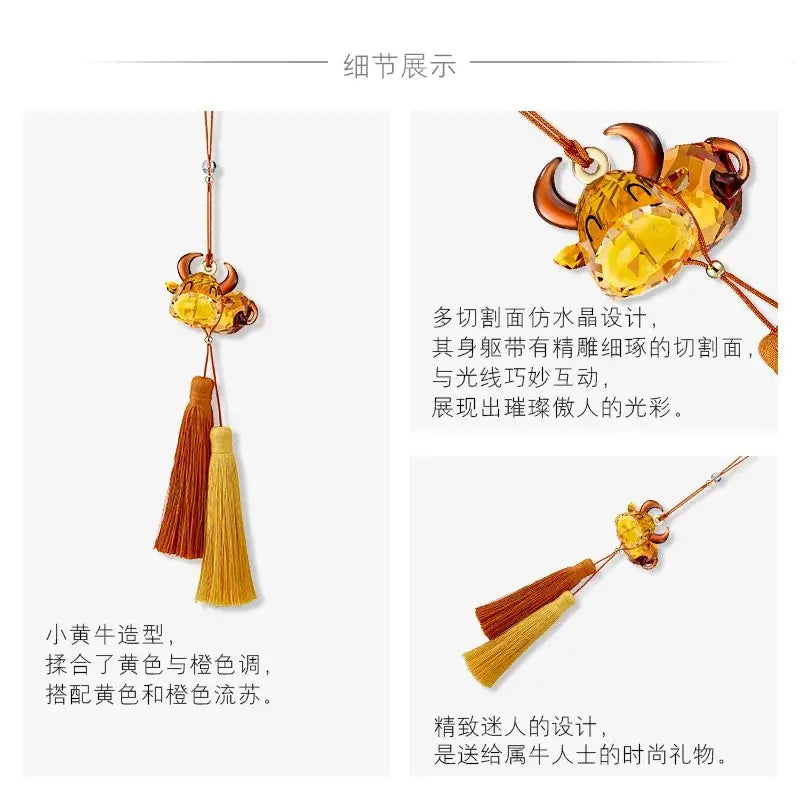 Yellow and amber glass ox-shaped decorbites crystal animal hanging charm with tassels for home decor and Santa Claus ornament