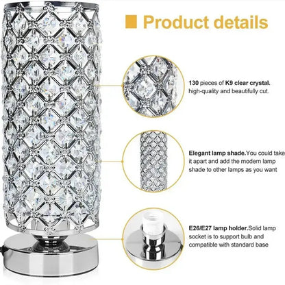 Elegant crystal touch bedside lamp with silver chrome base and diamond-patterned k9 crystal shade by decorbites
