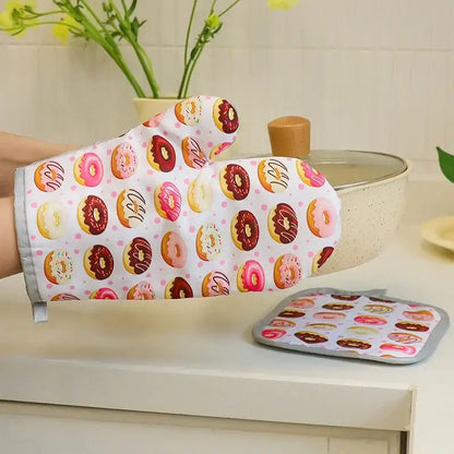 White cotton kitchen baking oven mitt with colorful donut pattern from decorbites cotton kitchen set