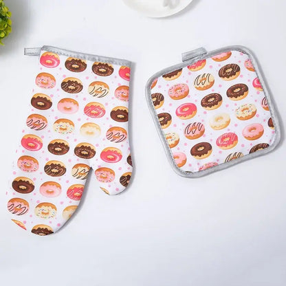 White decorbites cotton kitchen baking gloves and pot holder set with colorful donut pattern and gray trim for kitchen baking microwave use