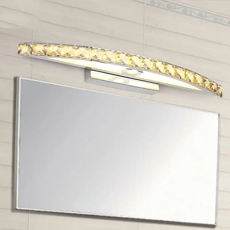 Curved chrome amber crystal bathroom wall sconce light with sleek frame and embedded golden crystal accents wall sconce