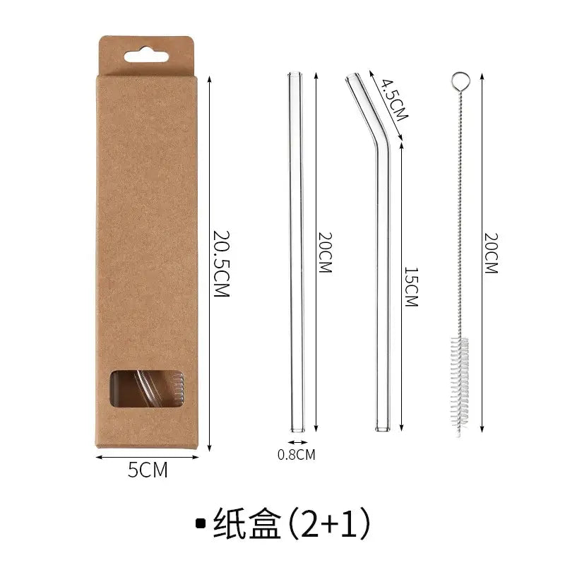 Set of three clear glass straws with one curved and one straight with metal cleaning brush decorbites glass straws