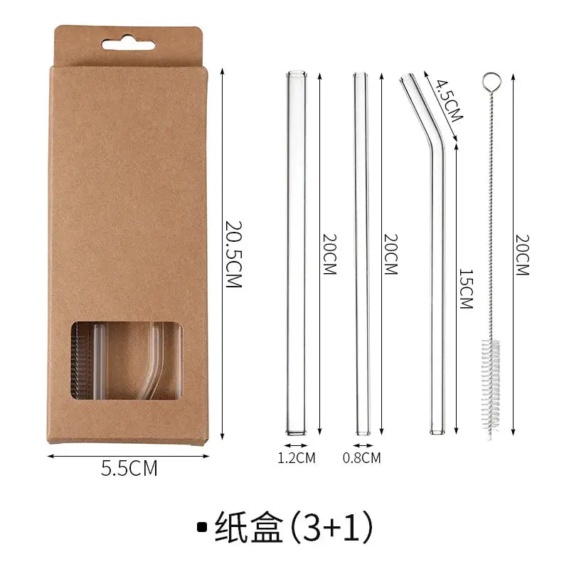 Set of clear curved eco friendly decorbites glass straws with varied shapes and a metal cleaning brush for kitchen use