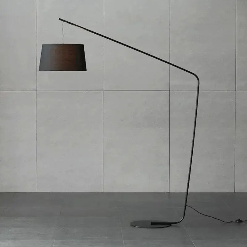 Modern black metal led floor lamp with curved design and dark brown fabric shade for living room and bedroom lighting