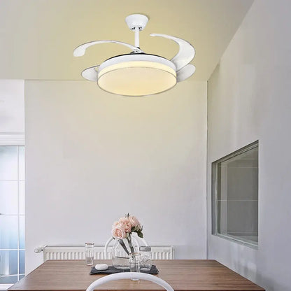 Curved white decorbites led ceiling fan with integrated light and sleek blade design for bedroom lighting