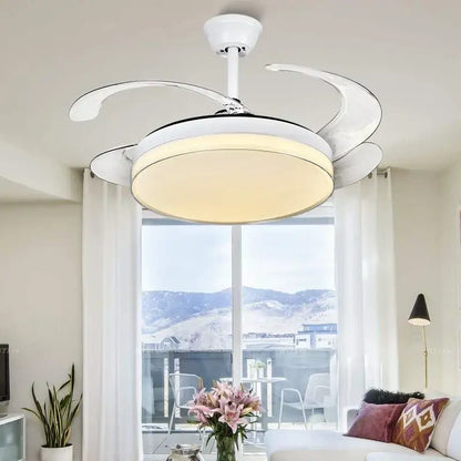 Modern white curved decorbites led ceiling fan with integrated circular light fixture for bedroom lighting