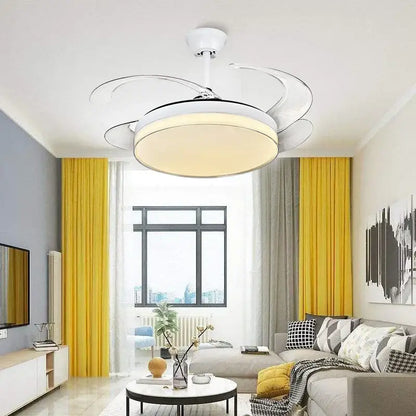 Modern white decorbites led ceiling fan with curved blades and integrated circular light fixture for bedroom lighting