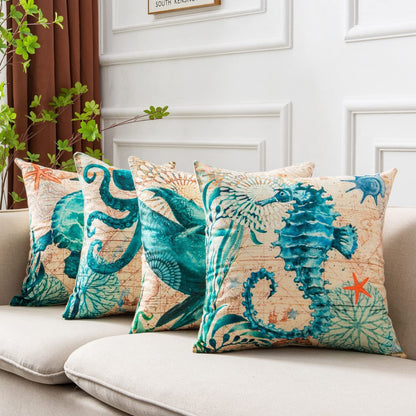 Cushion covers sea turtle printed throw pillow cases with seahorse and octopus design in teal blue beige cotton blend fabric featuring high-definition digital printing