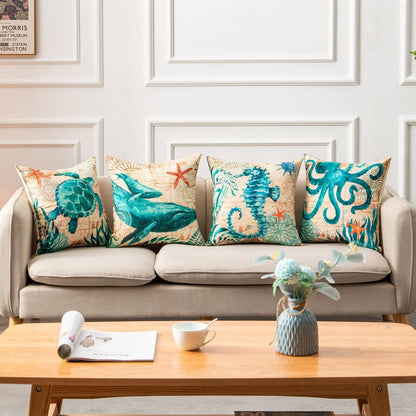 Teal octopus linen throw pillow cover set of 4 with marine life designs featuring high-definition digital printing for home decor