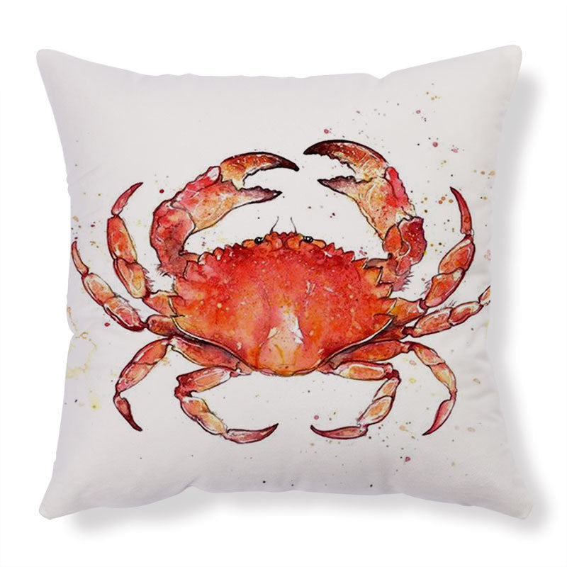 Red crab throw pillow with watercolor design on white background featuring high-definition digital printing for home decor