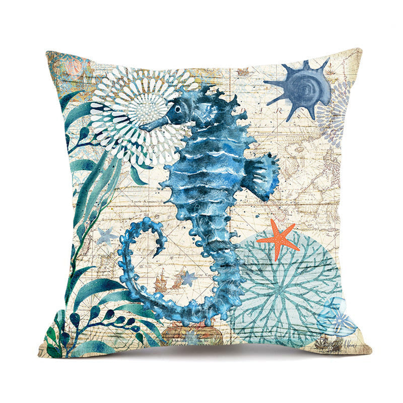 Blue seahorse cushion cover with coral and starfish design linen material featuring high-definition digital printing for home decor