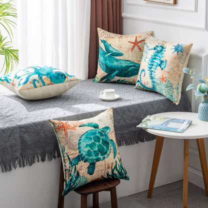 Teal sea turtle printed throw pillow cover with starfish coral design cotton blend featuring high-definition digital printing for home decor