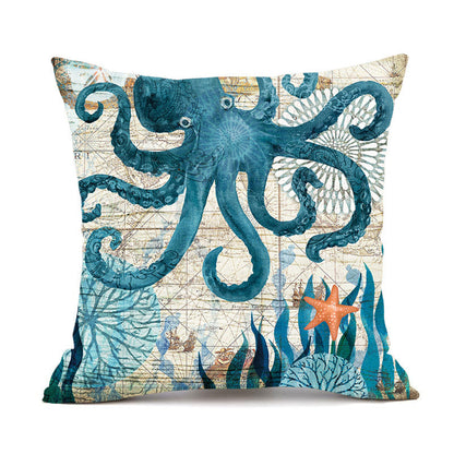 Blue octopus throw pillow cover with starfish accents featuring high-definition digital printing for home decor