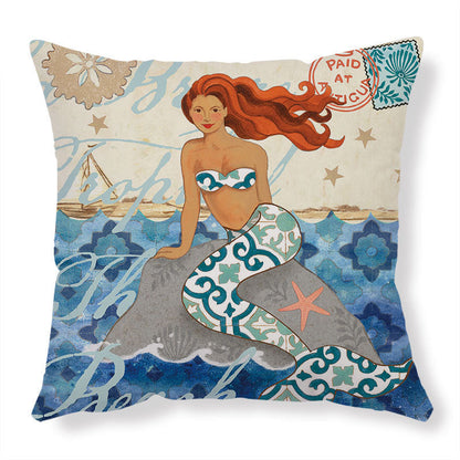 Mermaid-themed throw pillow with teal and white patterned tail red hair striped top featuring high-definition digital printing for home decor