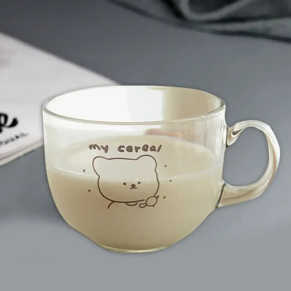 Clear glass cereal mug with a cute bear print and my cereal text for kitchen use as a bear print glass coffee mug