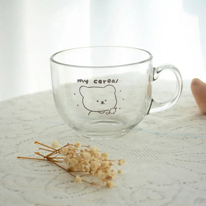Clear glass mug with a cute bear print and my cereal text ideal as a print glass coffee or kitchen cereal cup
