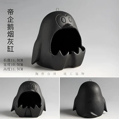 Cute black ceramic cartoon animal penguin ashtray with wide open mouth and expressive eyes for living room decor