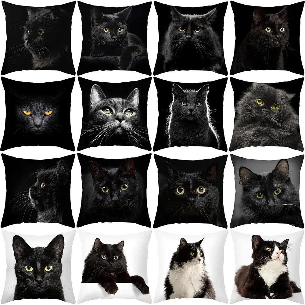 Black cat pillowcases featuring decorbites black cat glossy printed faces in various poses for bedroom decor