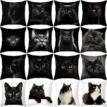 Black cat pillowcases featuring decorbites black cat glossy printed faces in various poses for bedroom decor