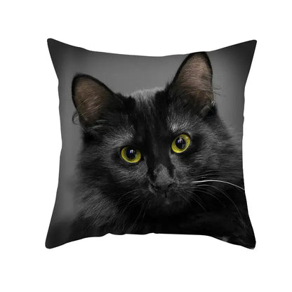 Black cat pillowcase featuring a detailed portrait of a fluffy black cat with yellow eyes for bedroom decorbites black cat decor