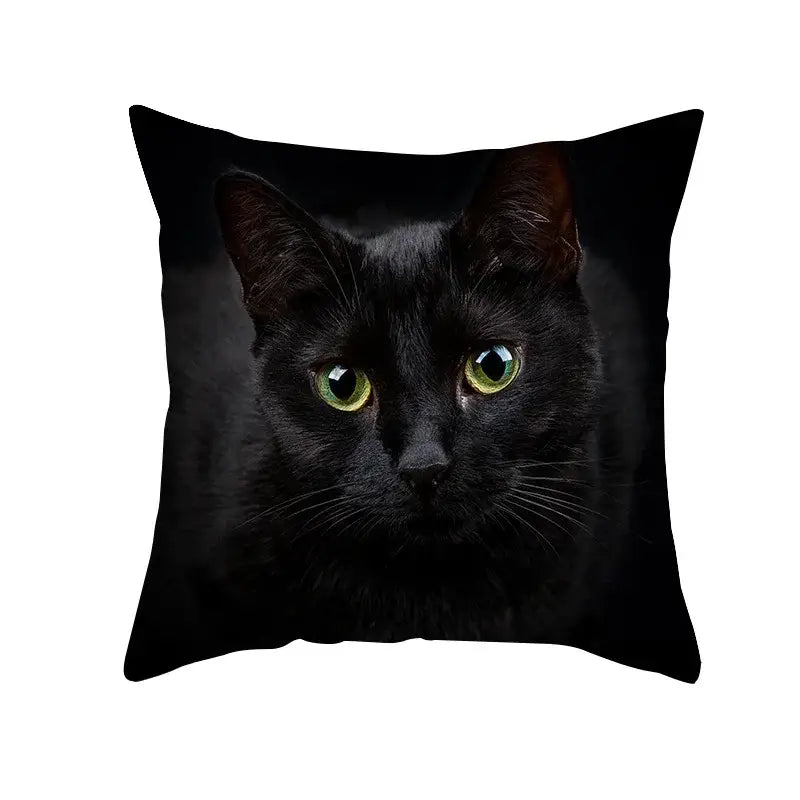 Black cat pillowcase featuring a vivid green eyed black cat portrait ideal for decorbites black cat decor