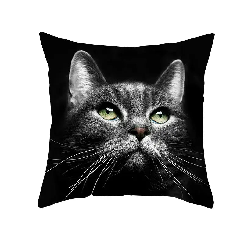 Black cat throw pillow with high contrast gray cat print and green eyes for decorbites black cat pillowcases collection