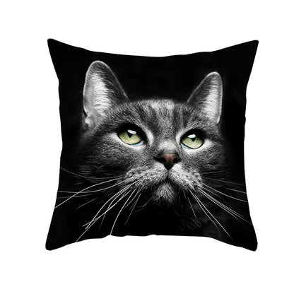 Black cat throw pillow with high contrast gray cat print and green eyes for decorbites black cat pillowcases collection