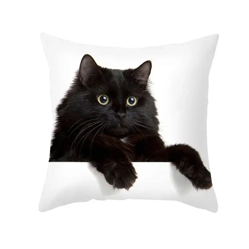 White throw pillow featuring a black cat with yellow eyes print ideal for decorbites black cat pillowcases and decor