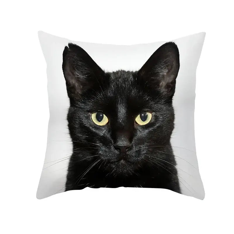 White throw pillow with a close-up black cat print and vivid yellow eyes for decorbites black cat pillowcases