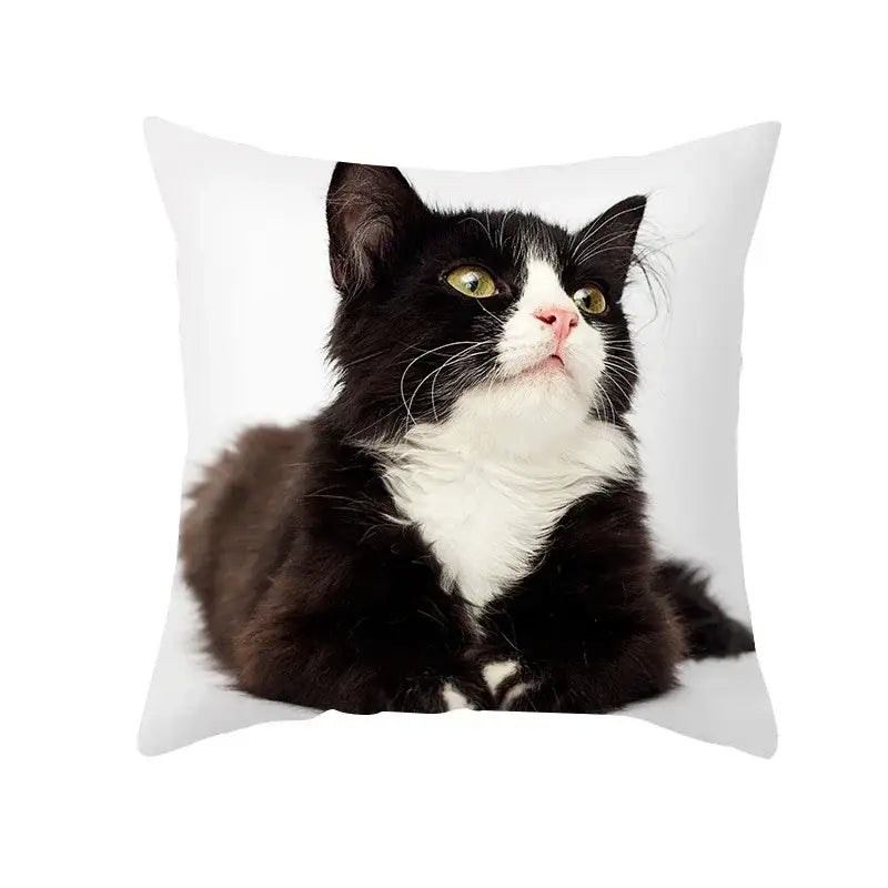 White throw pillow with black cat print and green eyes featuring decorbites black cat pillowcases for bedroom decor