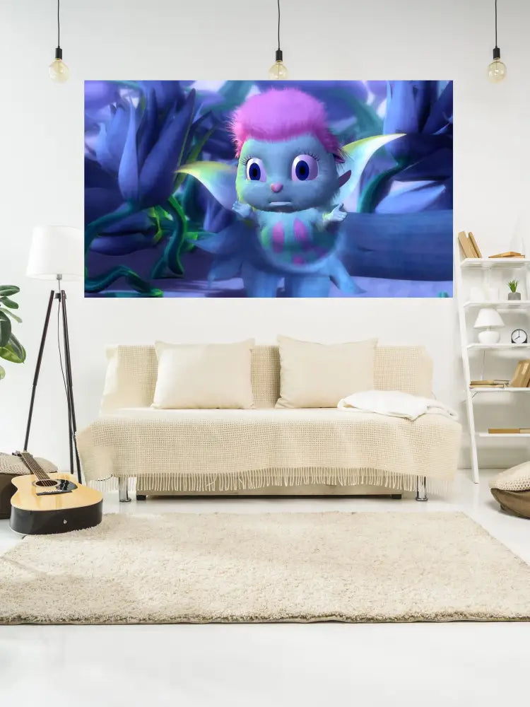A vibrant blue and pink decorbites bibble tapestry wall covering featuring a cartoonish creature in an underwater mural