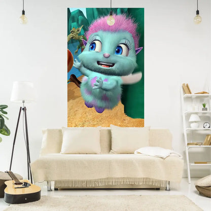 A vibrant decorbites bibble tapestry wall featuring a plush-style blue creature with pink spiky hair wall covering