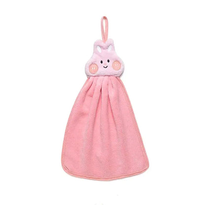 Pink plush bunny-themed hand towel with soft fluffy texture and hanging loop for decorbites cartoon animal decor