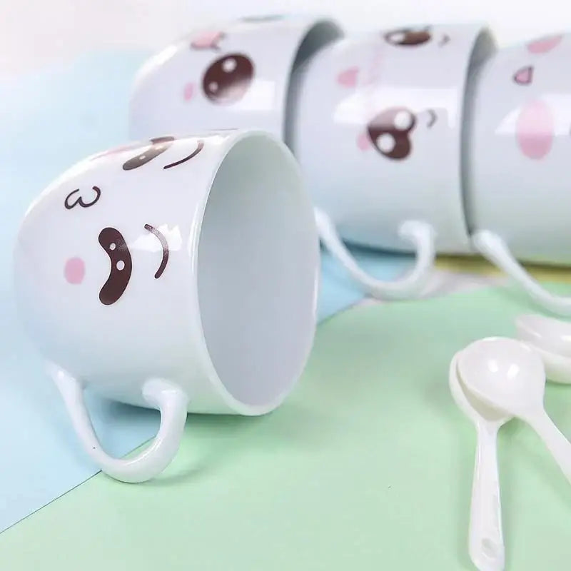 White ceramic cartoon coffee mug set with cute brown eyes pink cheeks smiling faces perfect kitchen couple gift decorbites cartoon coffee
